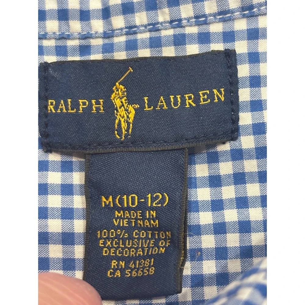 Ralph Lauren Kids Blue White Gingham Button Down Shirt Size M 10-12 Preppy